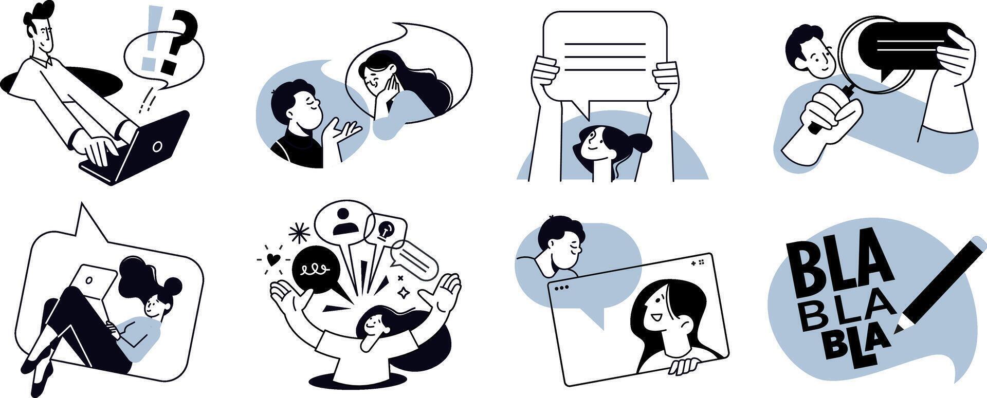 Communication. Set of people illustrations in various activities of online communication, social media, networking, support, community, chatting, app and services, rating and review, conversation. vector
