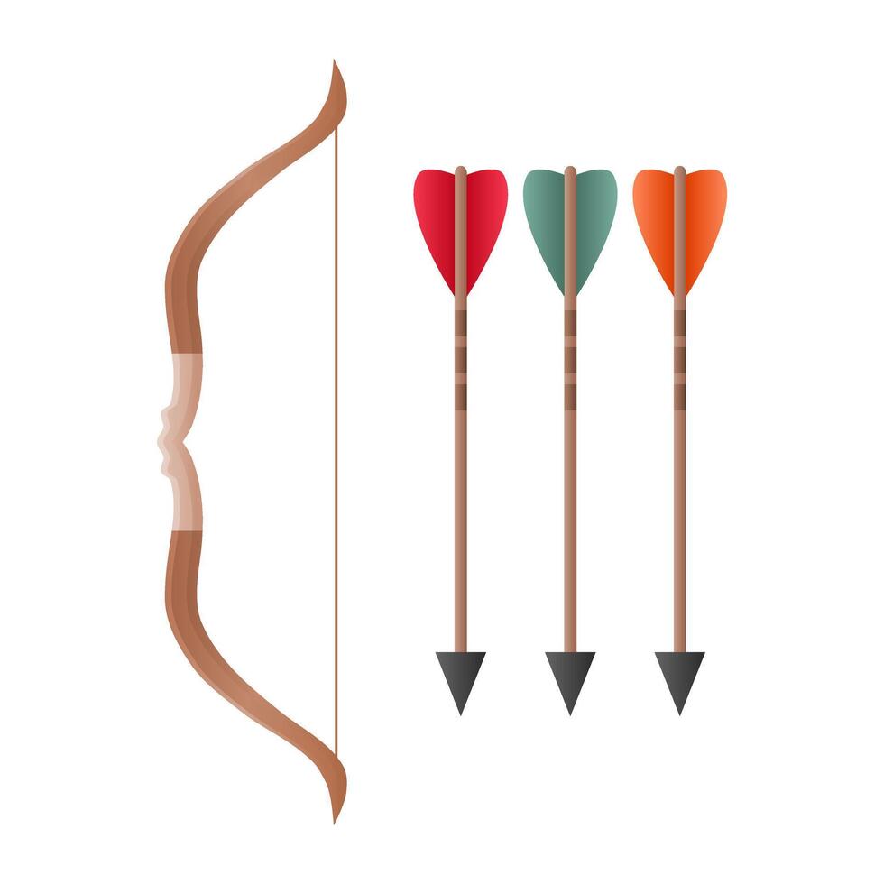Wooden Bow and Arrow on White Background. Archery Tools. Hunting Tools. Simple Wooden Bow. vector