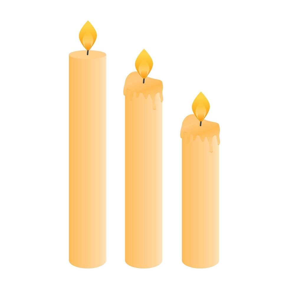 Melting Burning Candle on White Background. Whole Burning Candle Decoration. Candle Icon. vector