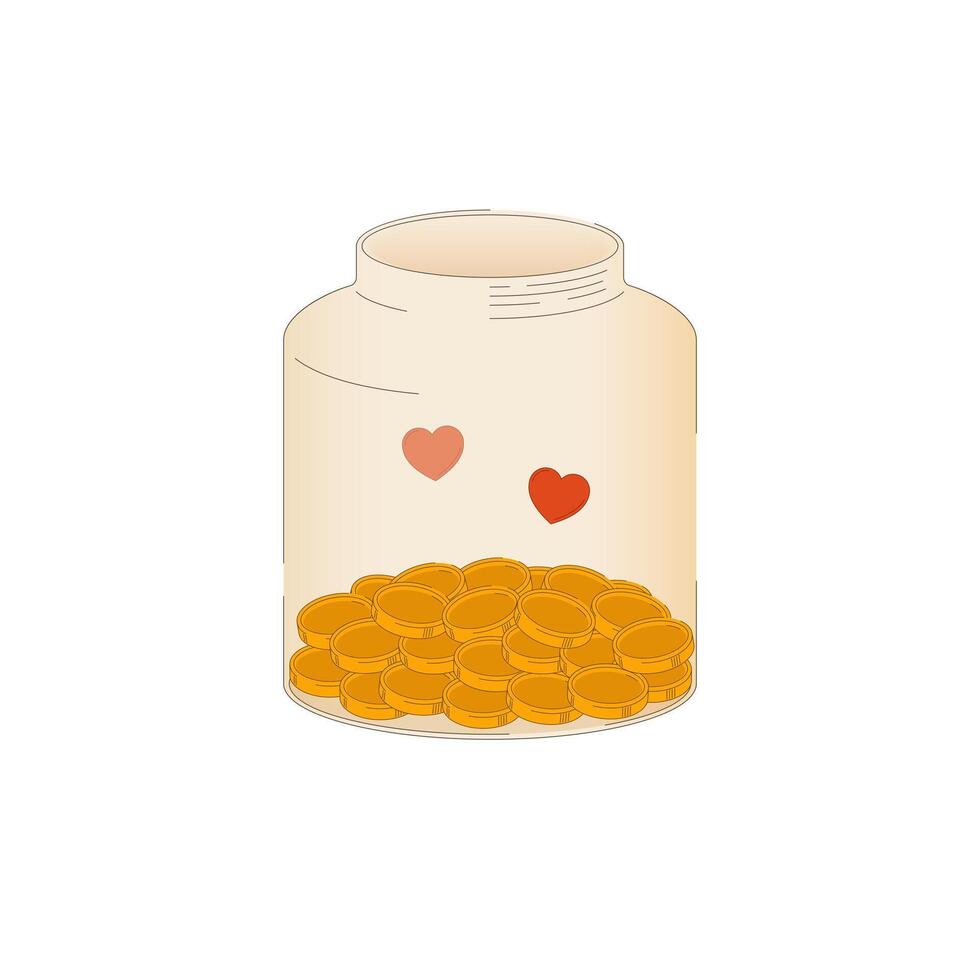 Glass jar with gold coins for donation, endowment or tip with hearts as gratitude. Cash, budget, savings or fund. Flat illustration isolated on light background. vector
