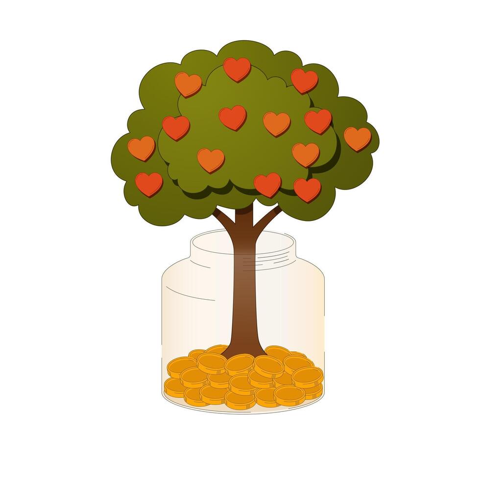Glass jar with gold coins for donation and grown tree of gratitude with hearts fruits. Cash, fbudget, savings or fund. Illustration isolated on light background. vector