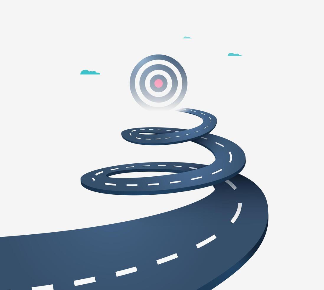 Business path, life goals, winding road leading to a high goal. Concept of planning, strategy, future and ambitions. Flat illustration. vector