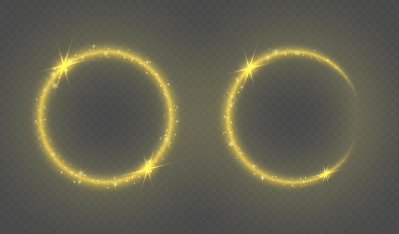 Set of magical golden glowing abstract light banners. Magic circles or frames with flashes of bright yellow light and star dust. vector