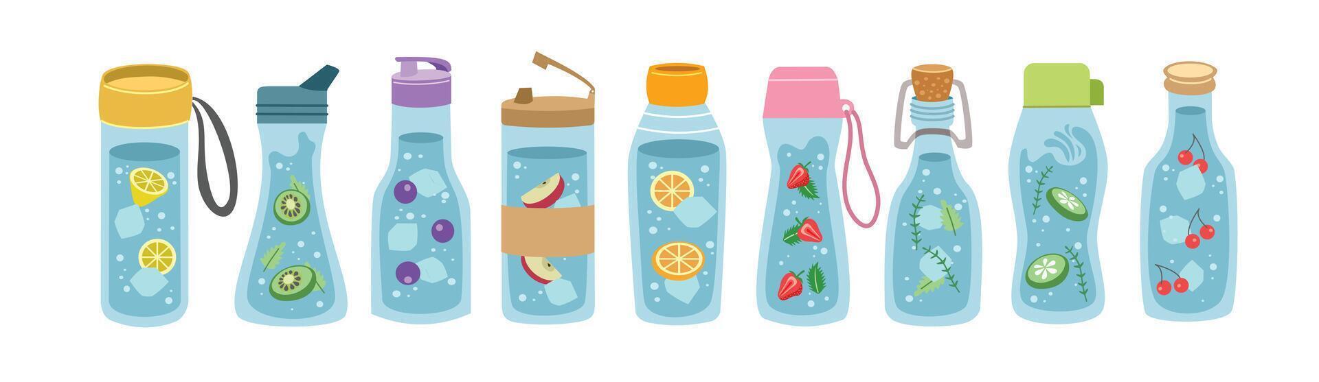 Set of detox water. Collection of infused water. Bottle in different shape. Flavored water. Fresh water. Summer ice drink. Lime. Kiwi. Cucumber. Blueberry. Apple. Orange. Strawberry. Mint. Cherry. vector