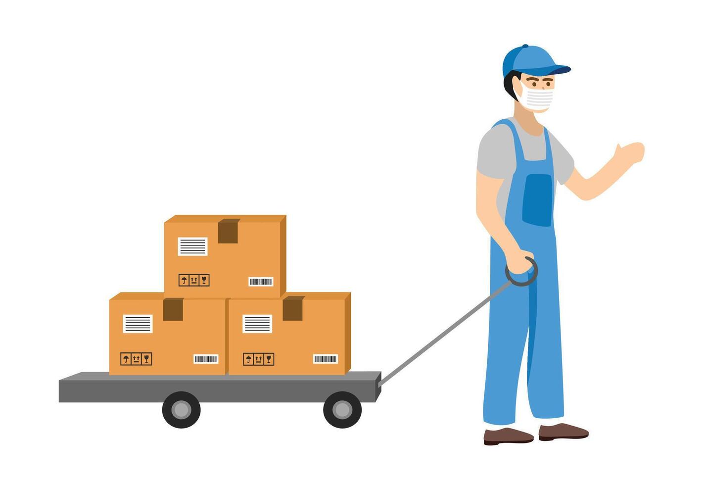 Warehouse operator. Industrial worker. Factory labor. Hand pallet. Trolley. Carboard. Packaging. Shipment. vector