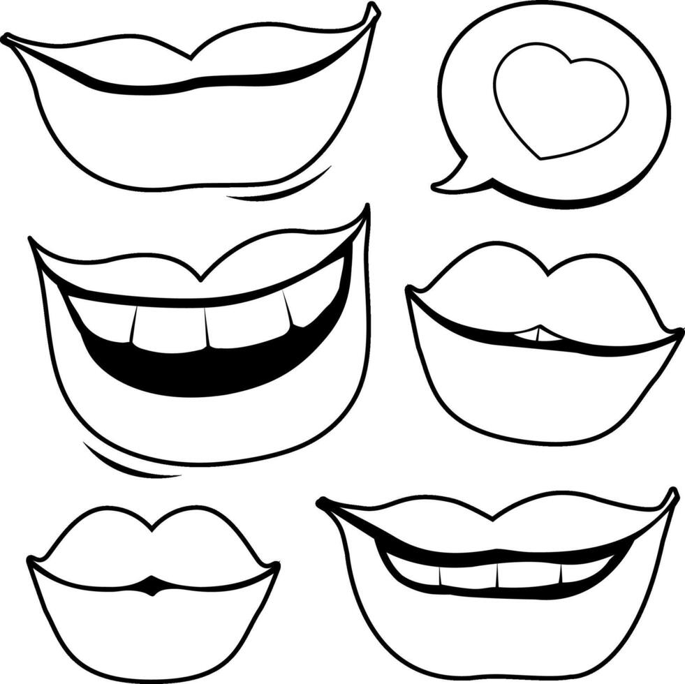 A set of female smiling lips. Mouths smiling. Lips talking and laughing. People talk. Black and white coloring page. vector