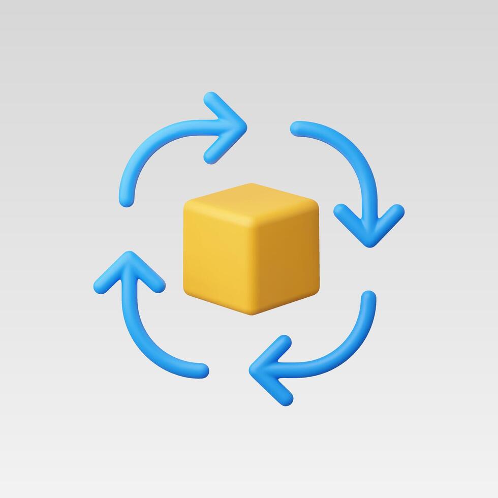 A 3D yellow cube with blue arrows indicating rotation. vector