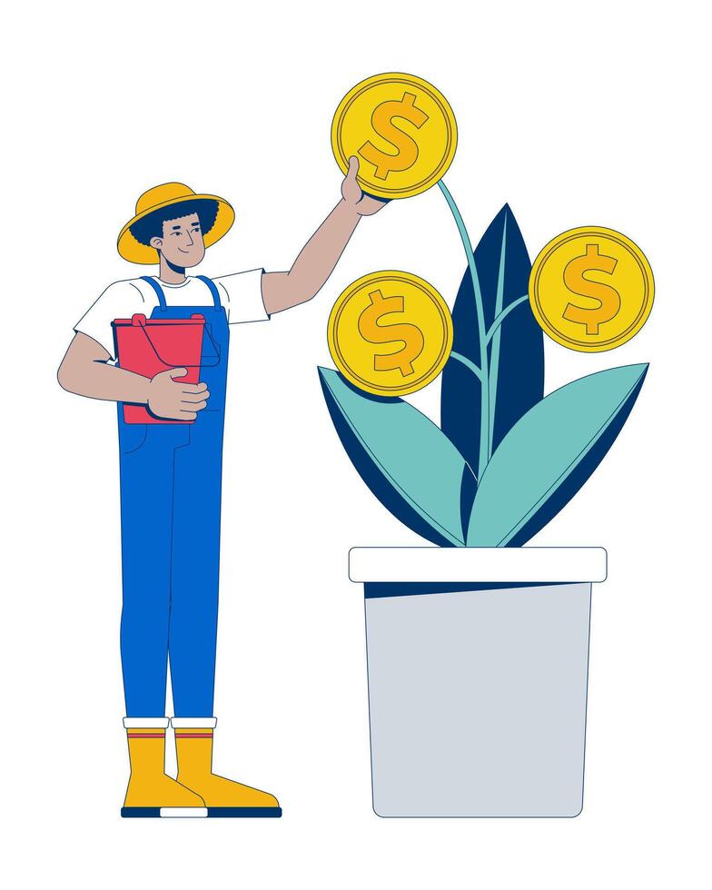 Latino man farmer growing coin plant 2D cartoon character. Nurturing financial investment. Gardener tending sprouting money in pot flat person isolated on white. Spot illustration colorful vector