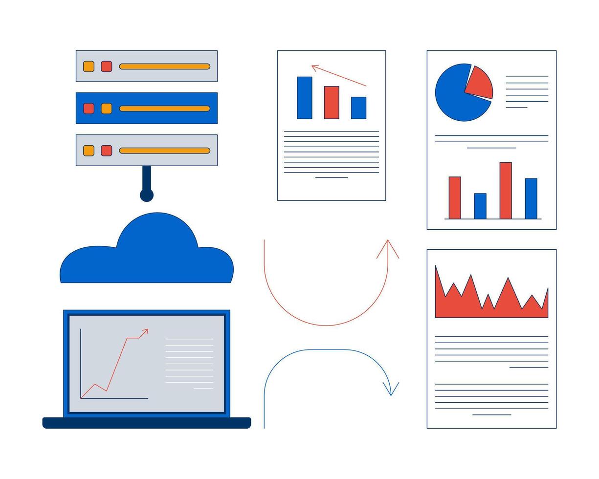 Cloud analytics and reports trend arrows 2D cartoon objects set. Laptop chart, server rack, analysis graphs paperwork isolated elements flat clip arts on white. Spot illustrations collection vector