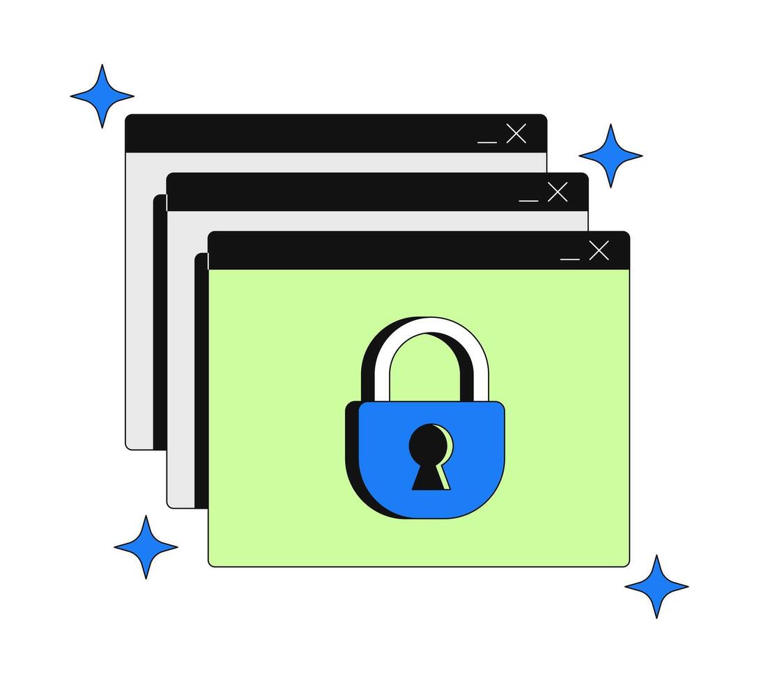 Access denied 2D onboarding ui illustration. Security, privacy, user data protection. Sparkles browser windows popups with padlock cartoon concept isolated on white. Flat abstract metaphor vector