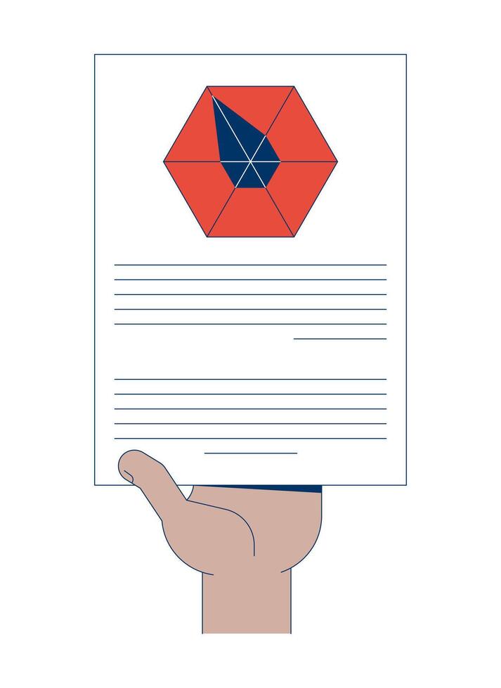 Hand holding hexagonal data diagram report illustration. Hexagon radar chart inhand. Insight delivery. Analytics sheet 2D cartoon image isolated on white. Editable flat clipart colorful vector