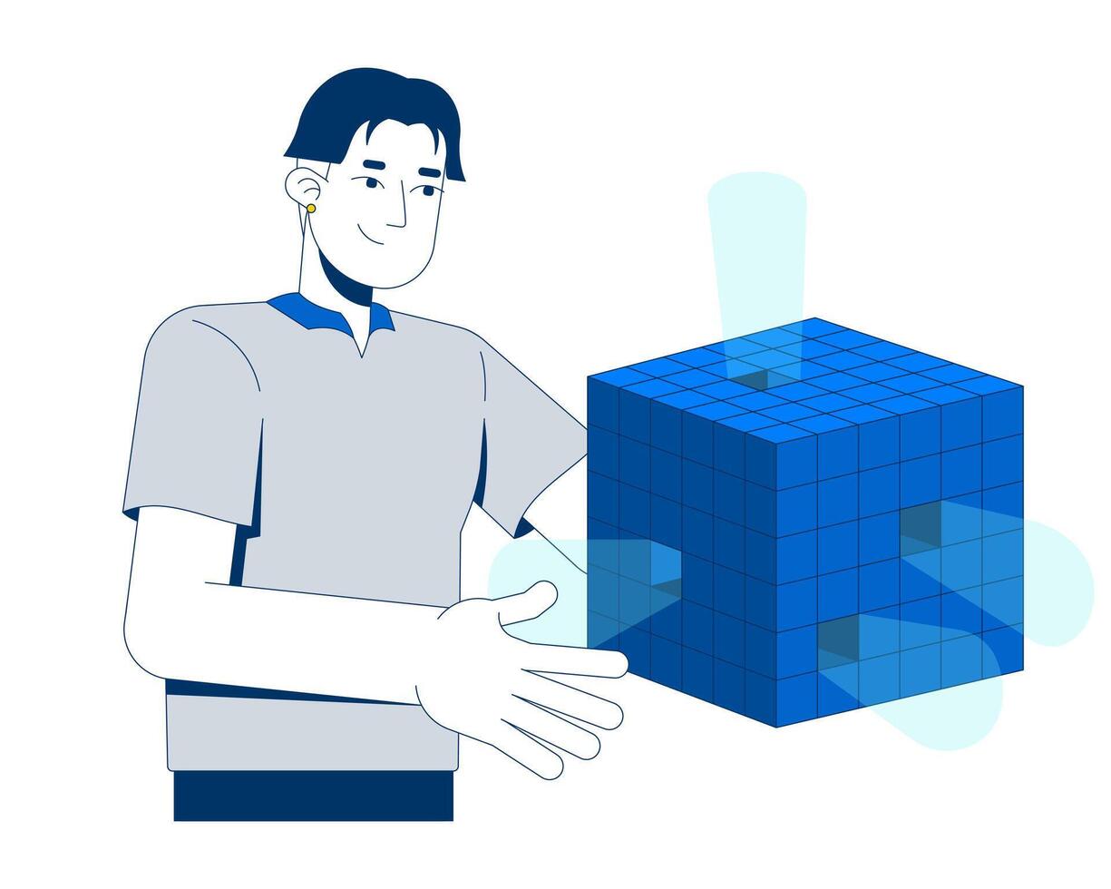 Asian man presenting floating digital data cube 2D cartoon character. Korean male professional holding geometric shape emitting light flat person isolated on white. Spot illustration colorful vector