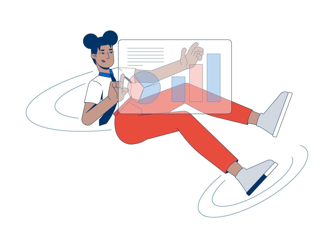 Black female professional floating with dashboard 2D cartoon character. African american woman analyst interacting with data charts flat person isolated on white. Spot illustration colorful vector