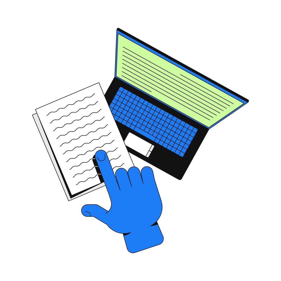 Study data 2D onboarding ui illustration. Document processing, digitization. E-learning. Finger pointing at paperwork with laptop cartoon concept isolated on white. Flat abstract metaphor vector