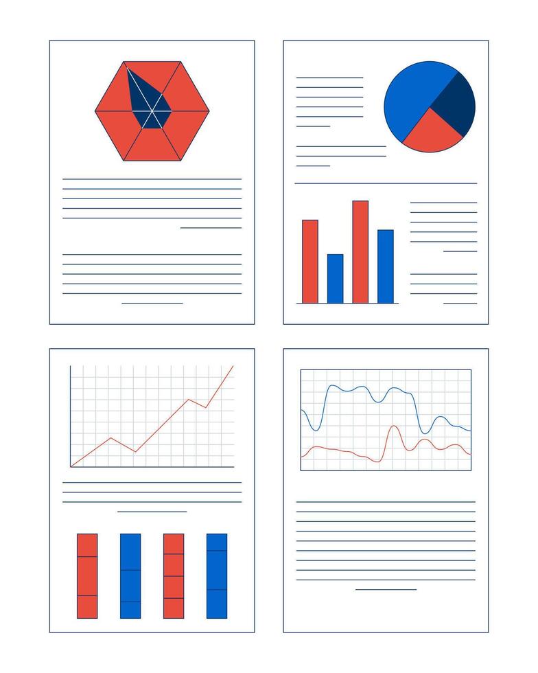 Business reports with charts and graphs 2D cartoon objects set. Data visualization. Analytics. Professional summary isolated elements flat clip arts on white. Spot illustrations collection vector