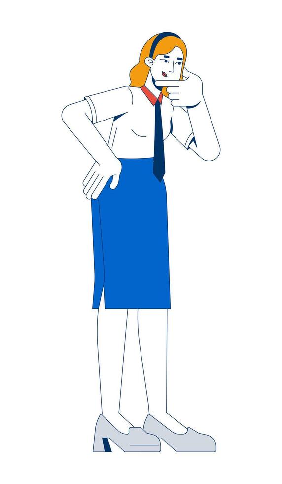 Young businesswoman in thinking pose 2D cartoon character. Thoughtful female office worker in business attire rubbing chin, hand on hip flat person isolated on white. Spot illustration colorful vector