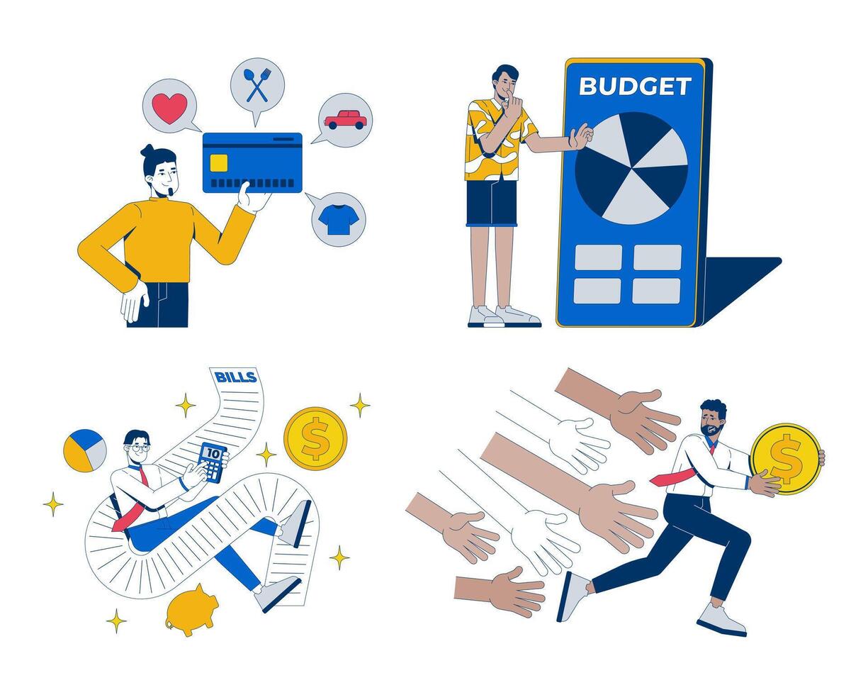 Personal finance challenges and budget 2D illustration concepts set. Credit spending, bills, financial struggle cartoon characters isolated on white. Flat abstract metaphor collection vector