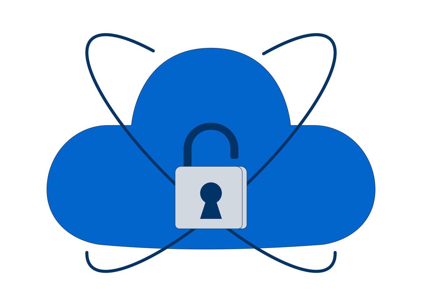 Unlocked cloud security 2D cartoon object. Open padlock privacy. Digital access. Cloud vulnerability. Secure tech environment isolated element flat clip art on white. Spot illustration vector