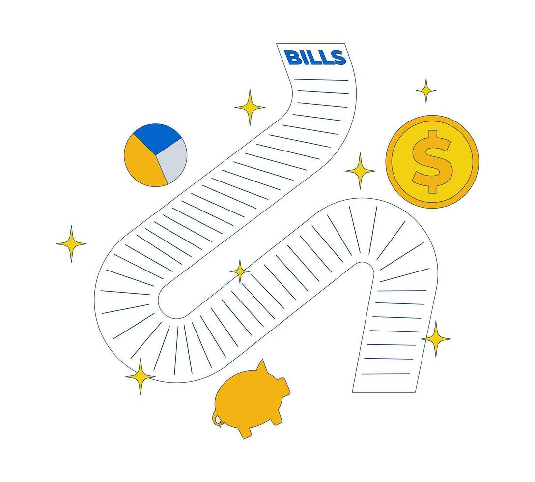 Long utility bill surrounded by financial symbols 2D illustration concept. Piggy bank, pie chart, dollar coin. Expenses sheet cartoon object isolated on white. Flat abstract metaphor vector