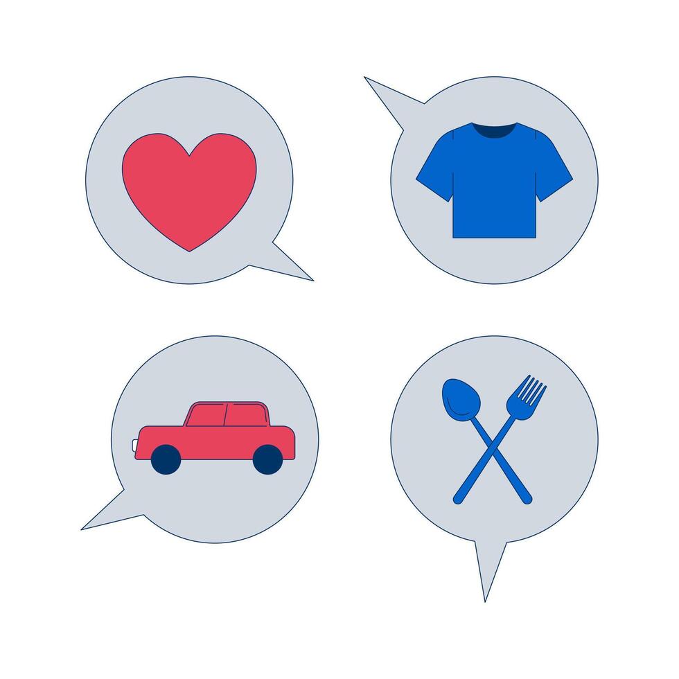 Spending categories in budget planning 2D cartoon objects set. Heart, t-shirt, car, spoon fork in speech bubbles isolated elements flat clip arts on white. Spot illustrations collection vector