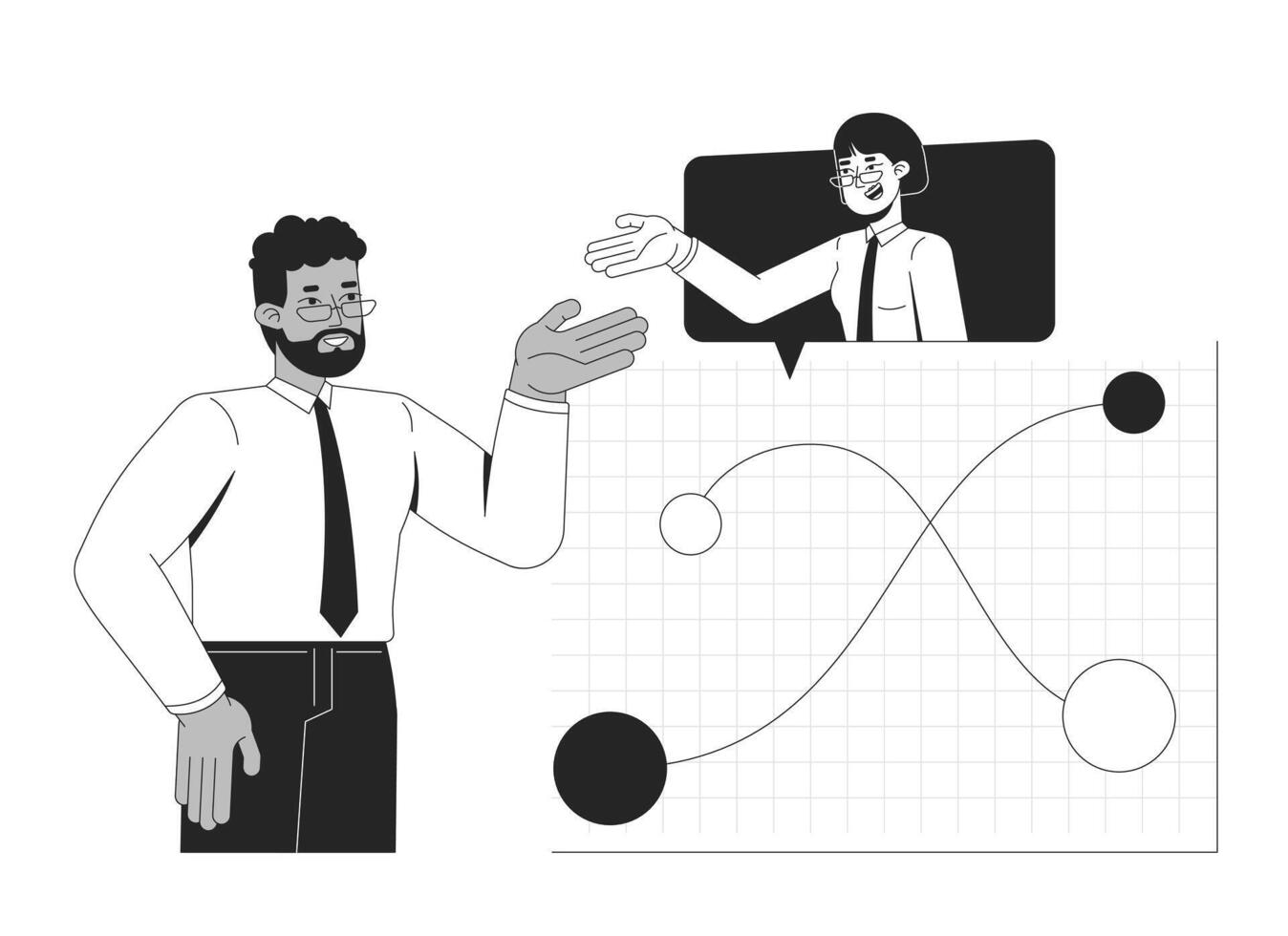 Data discussion and analysts collaboration line illustration concept. Diverse businesspeople analyzing performance chart nodes outline 2D characters isolated. Ink linear metaphor art vector