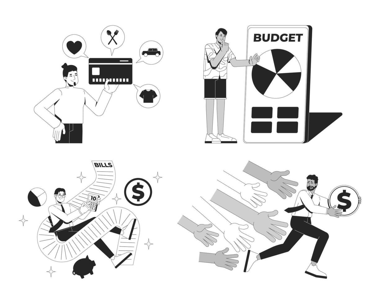 Personal finance challenges and budget line illustration concepts set. Credit spending, accounting bills, financial struggle outline 2D characters isolated. Ink linear metaphor art collection vector