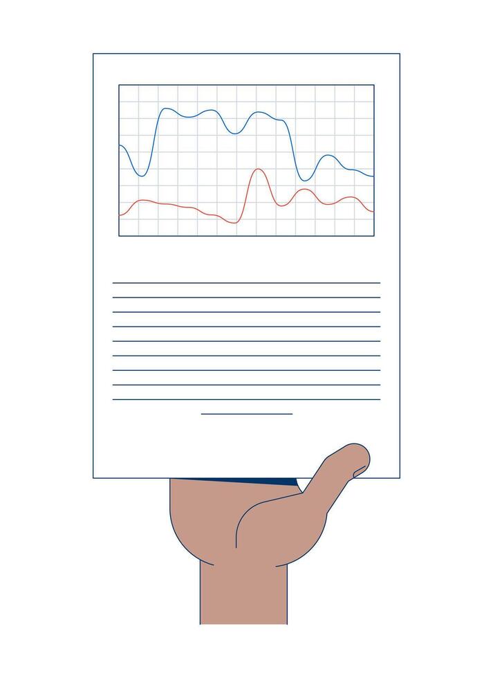 Hand holding dual-line graph report illustration. Comparative trends. Corporate paperwork. Business fluctuations analytics 2D cartoon image isolated on white. Editable flat clipart colorful vector