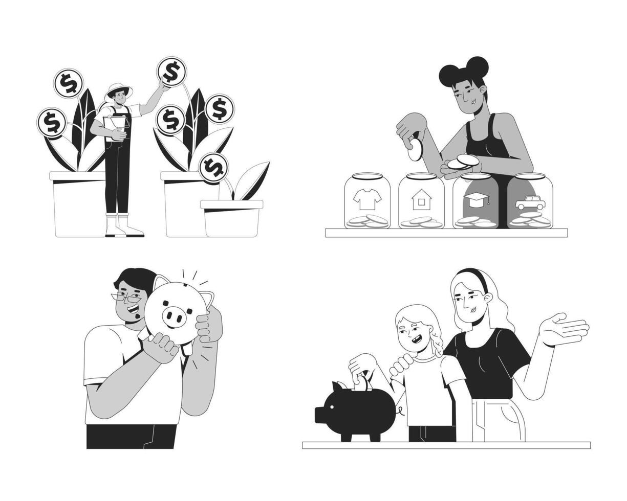 Everyday budgeting and saving habits line illustration concepts set. Daily money management. Smart financial adults outline 2D characters isolated. Ink linear metaphor art collection vector