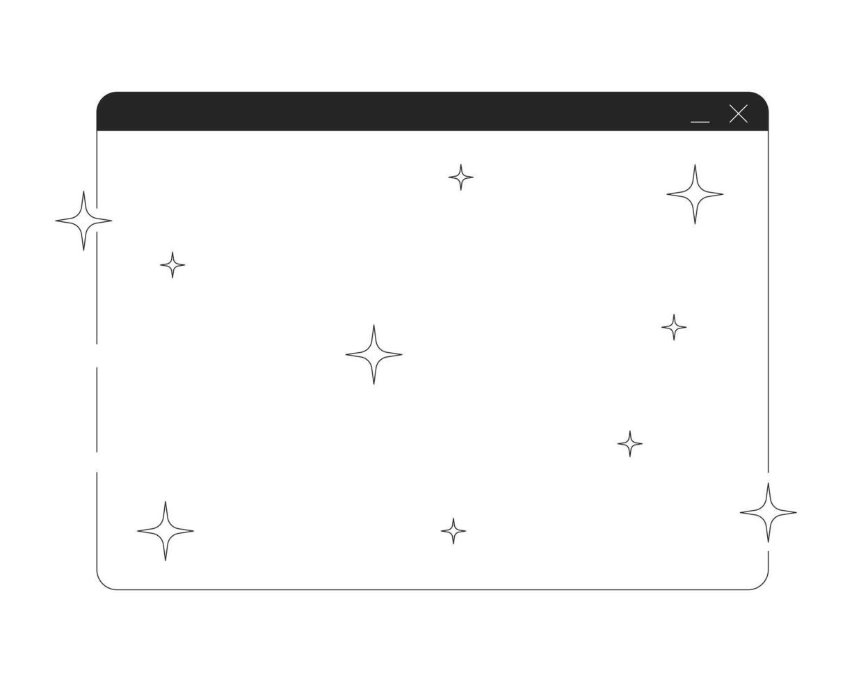 Empty software interface with sparkles 2D line object. Tech aesthetic. Shiny product optimization. Browser window twinkles isolated clipart ink outline item. Monochrome spot illustration vector