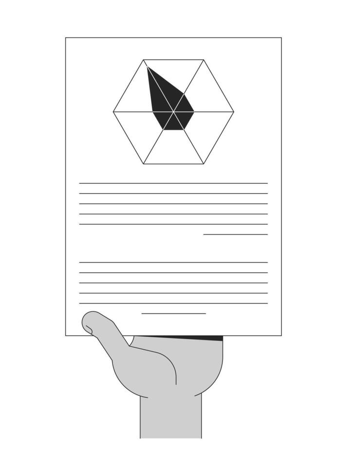 Hand holding hexagonal data diagram report outline illustration. Hexagon radar chart inhand. Insight delivery. Analytics sheet isolated 2D image black and white. Linear drawing clip art vector