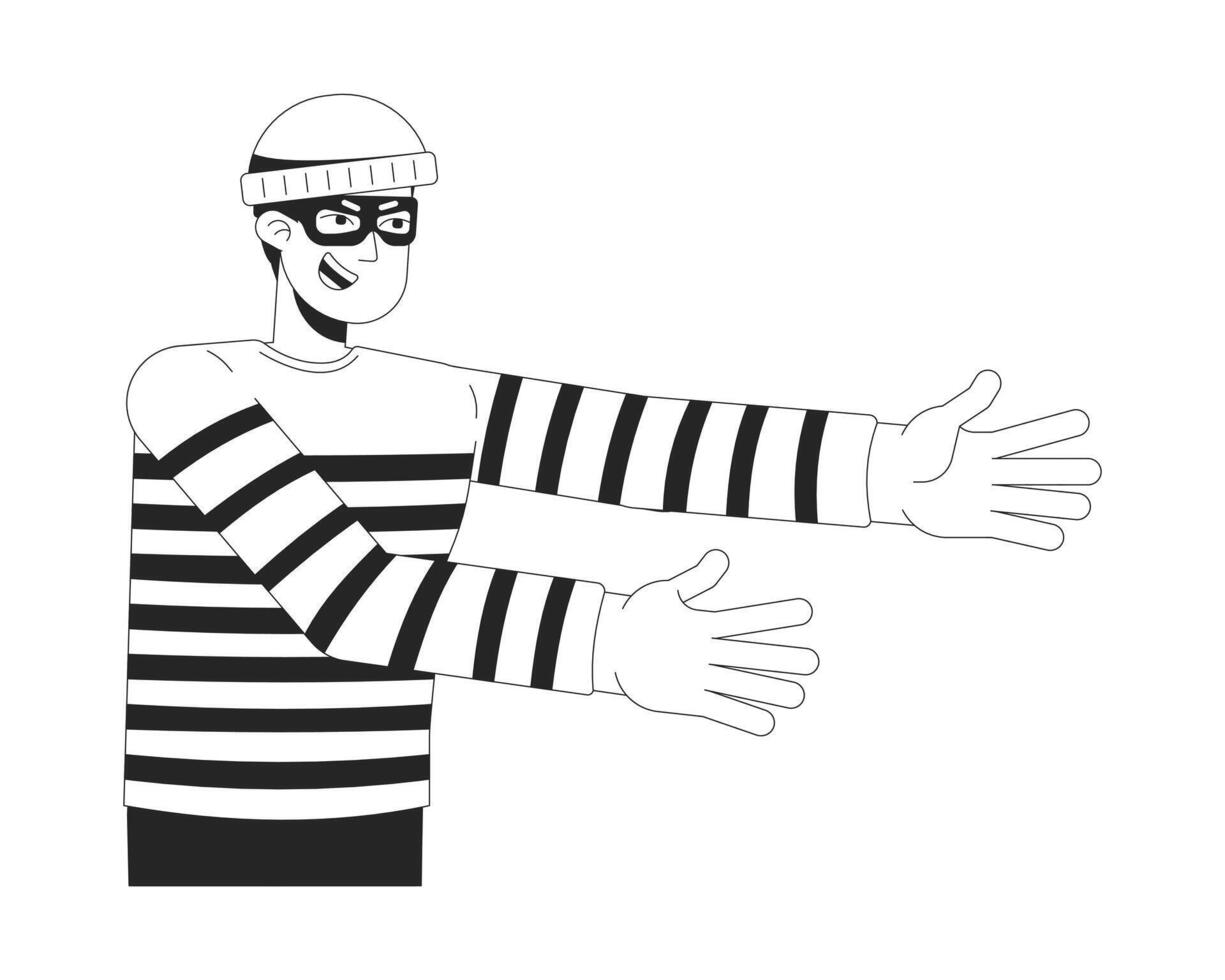 Thief man with stretched arms 2D line character. Financial fraud, theft risk. Finance scam, stealing. Fraudster reaching hands isolated ink outline person. Monochromatic spot illustration vector