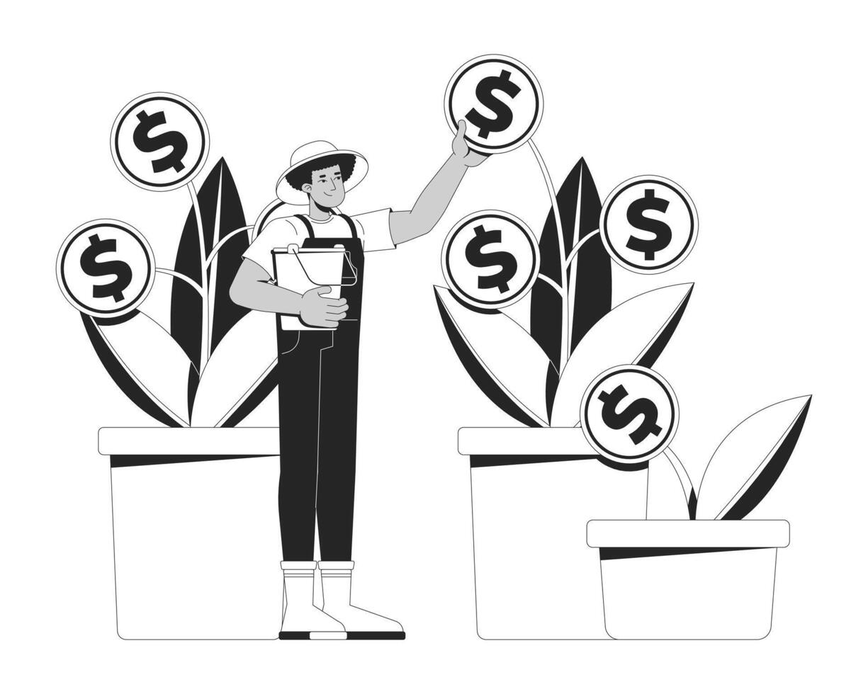 Growing money plants line illustration concept. Investment growth. Savings cultivation. Prosperity. Farmer investor nurturing finances outline 2D character isolated. Ink linear metaphor art vector