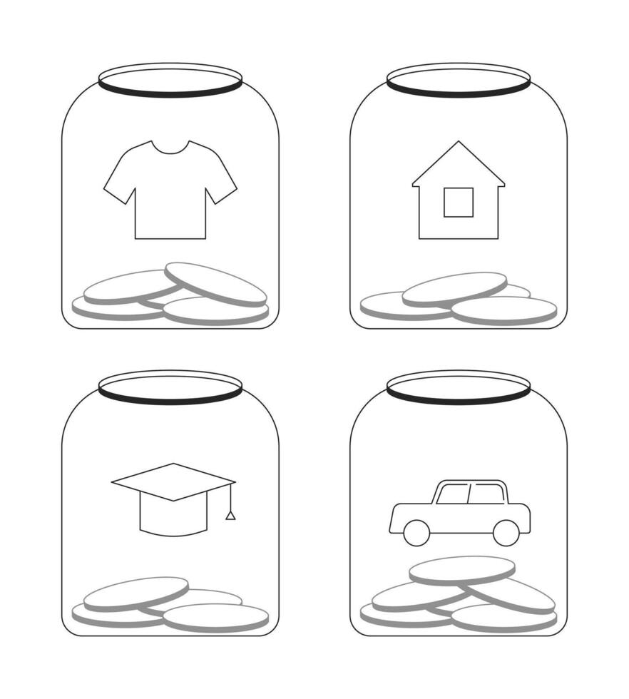 Budget allocation categories in glass jars 2D line objects set. Tshirt, house, graduation cap, car in glassware isolated cliparts ink outline items. Monochrome spot illustrations collection vector