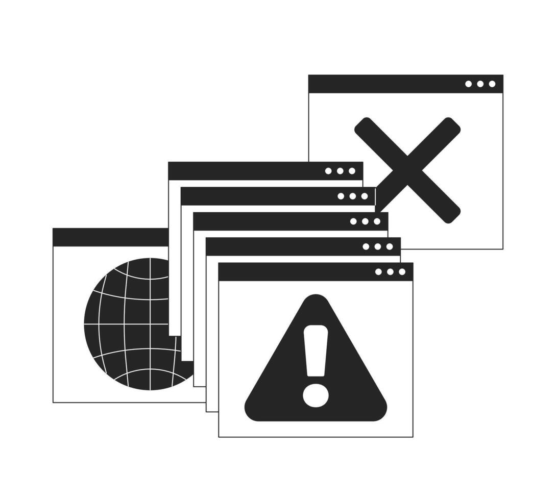 System error alert popups line onboarding ui illustration. Connectivity problems. Software crash, failed. Warning browser windows outline 2D concept isolated. Ink linear metaphor art vector