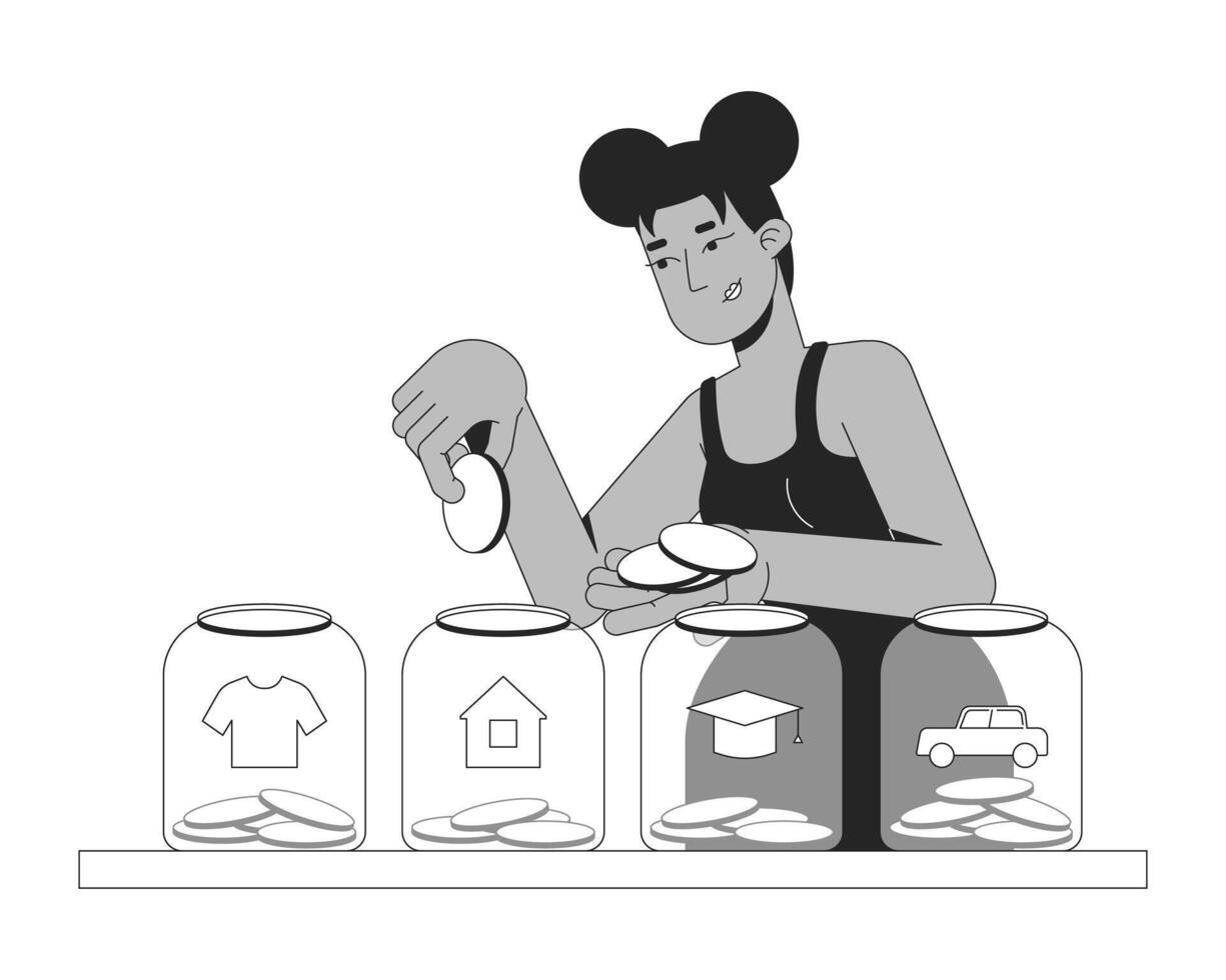 Smart budget allocation for saving goals line illustration concept. Black woman diving income for clothes, house, education, car jars outline 2D character isolated. Ink linear metaphor art vector