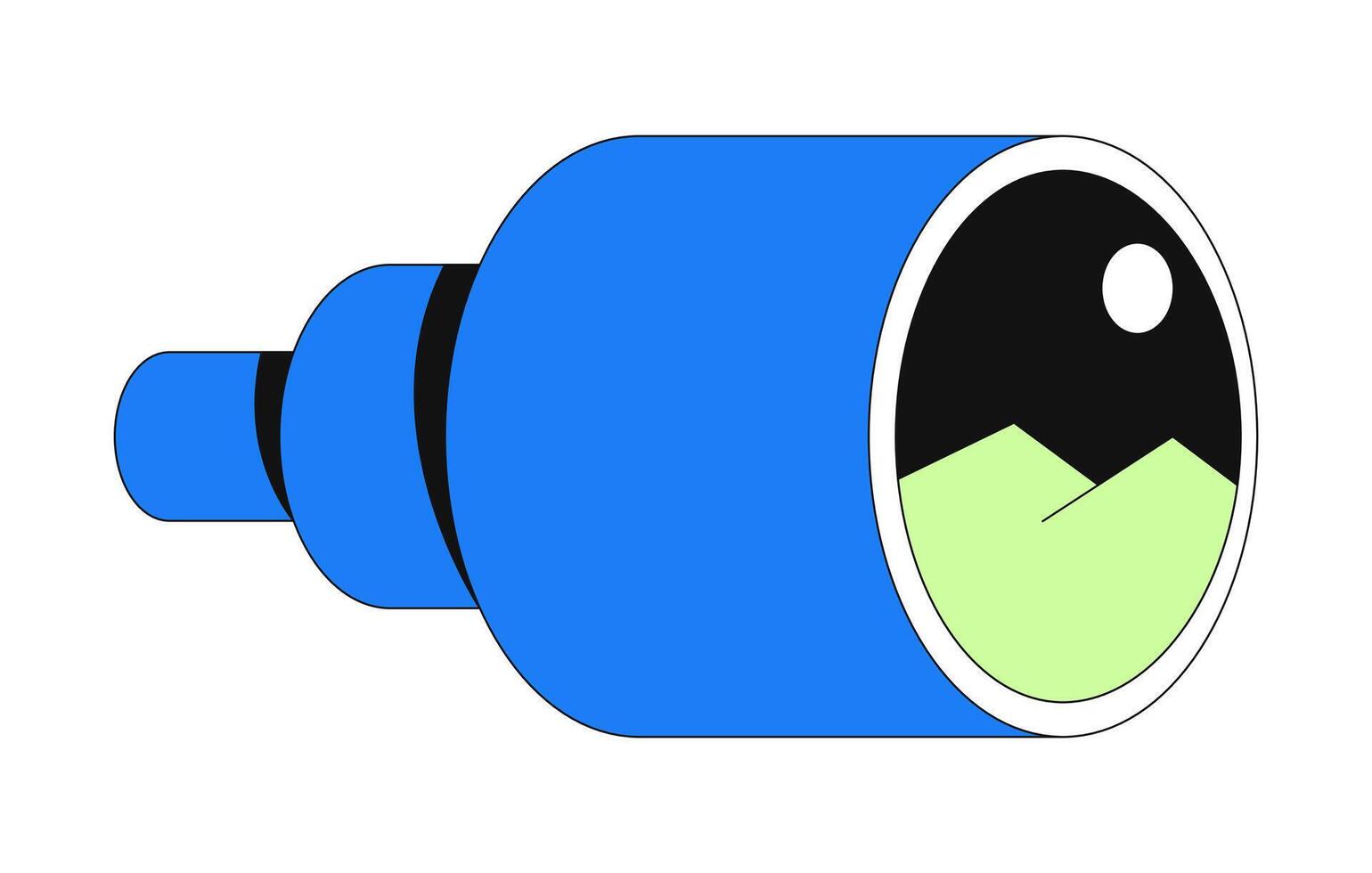 Observation through telescope 2D cartoon object. Focus, exploration, surveillance tool. Forward vision. Mountain landscape in lens isolated element flat clip art on white. Spot illustration vector