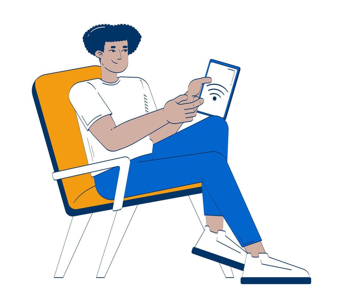 Latino man controlling smart devices via tablet 2D doodle character. IoT user seated comfortably, holding wifi screen cartoon person drawing isolated on white. Hand drawn illustration colorful vector