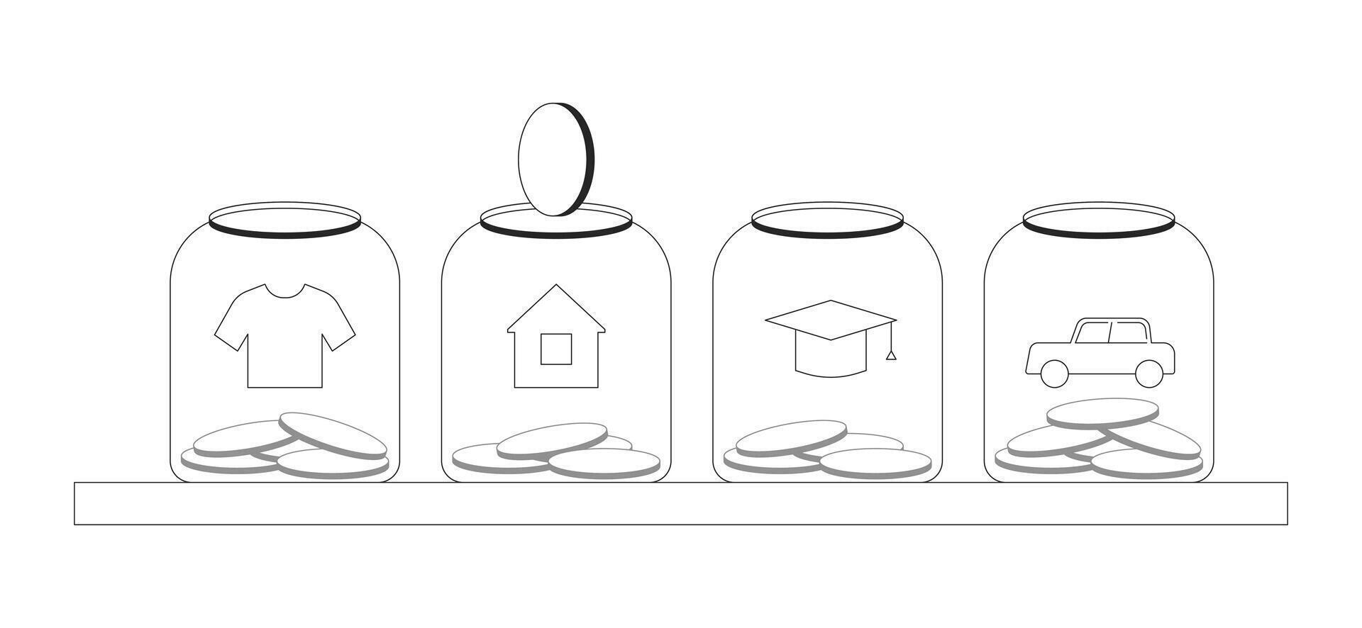 Organized savings for major life goals line illustration concept. Personal budget. Four jars on shelf with coin falling into home jar outline 2D objects isolated. Ink linear metaphor art vector