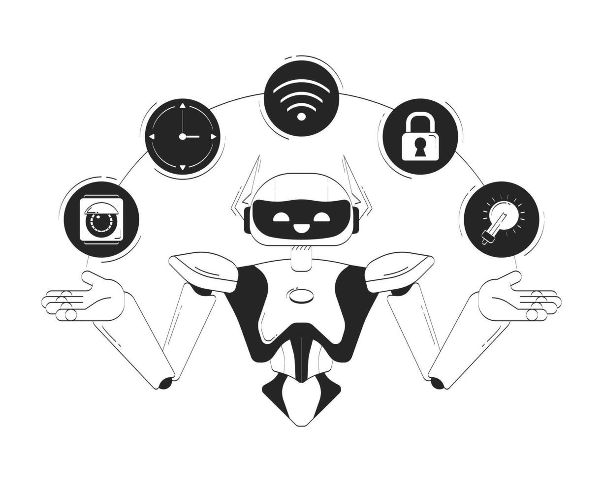 AI in smart home doodle line illustration concept. WiFi, fixtures, security, timer orchestration. AI assistant managing IoT automation 2D outline character isolated. Hand drawn ink metaphor monochrome vector