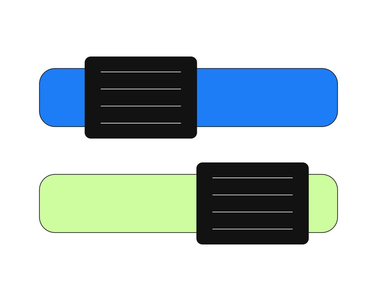 Two horizontal slider bars 2D cartoon object. Preference toggle switch. Option selector. Settings bar. UI element. Scrollbars isolated element flat clip art on white. Spot illustration vector