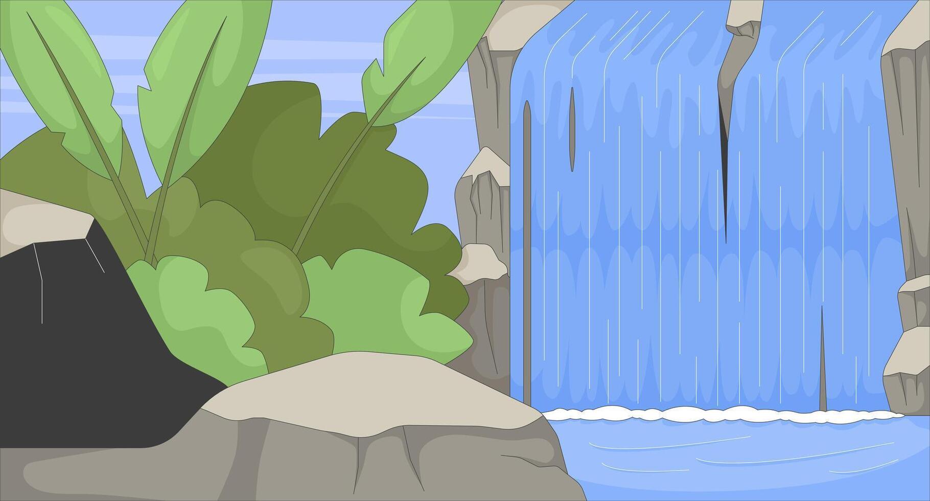 Tropical waterfall in jungle flat illustration background. Lush greenery landscape, rocks and falling water. Rainforest nature environment 2D cartoon backdrop. Colorful scene art image vector