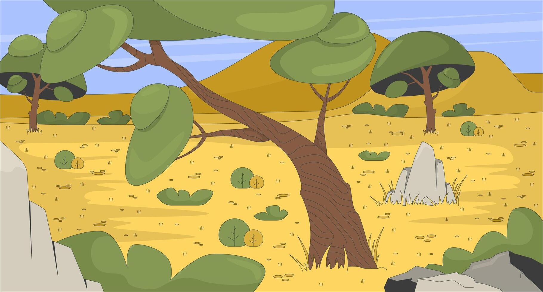 African savanna landscape with trees and bushes flat illustration background. Desert savannah environment with rocks vegetation. Safari terrain 2D cartoon backdrop. Colorful scene art image vector