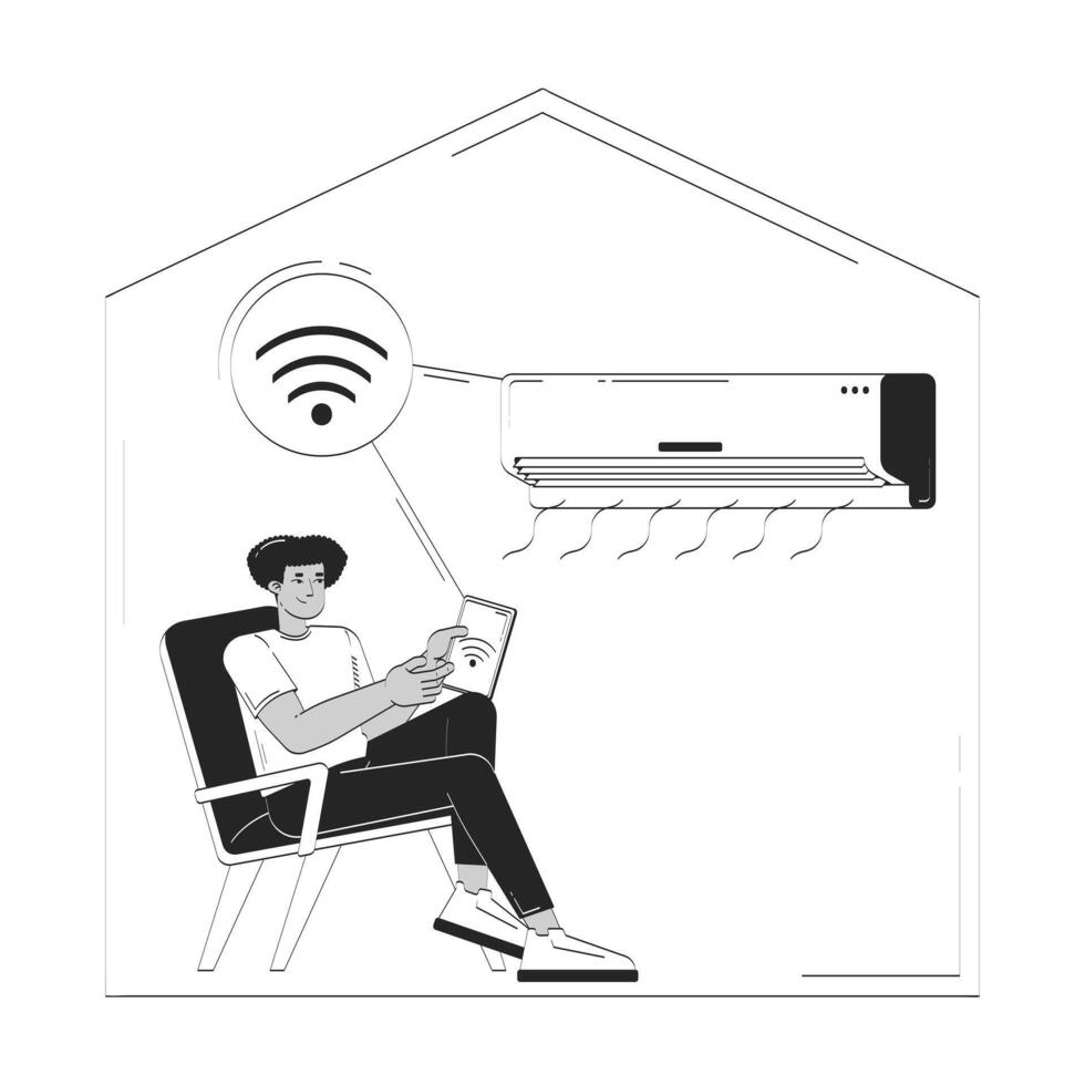 Smart home Wi-Fi air conditioner doodle line illustration concept. Indoor cooling IoT. Man controlling AC appliance via wifi tablet 2D outline character isolated. Hand drawn ink metaphor monochrome vector