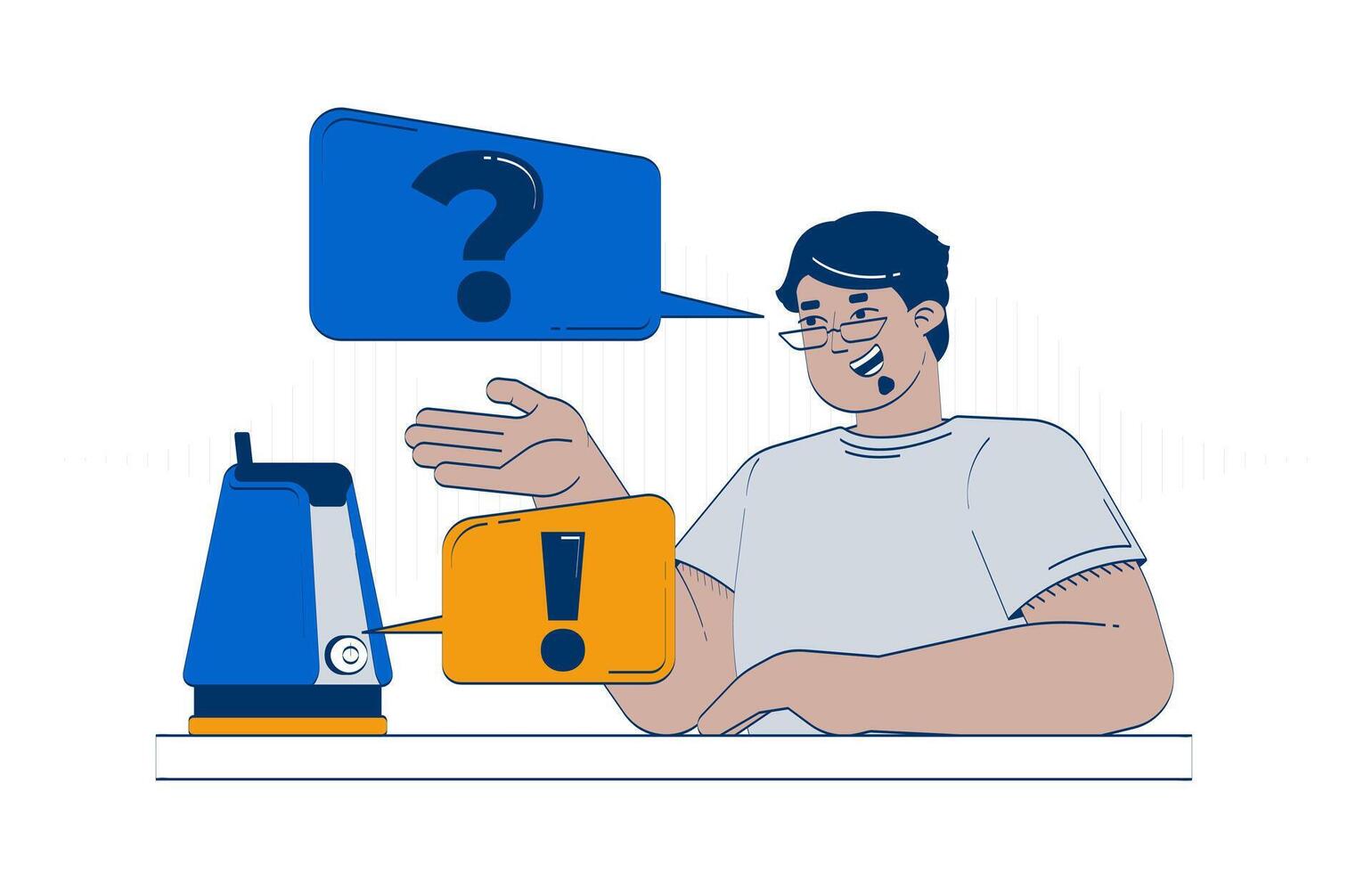 AI voice assistant device doodle cartoon illustration. Virtual helper. Arab man interacting with smart speaker technology 2D flat character isolated on white. Doodleart hand-drawn drawing colorful vector