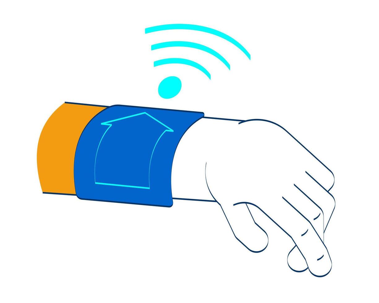 Smartwatch hand with remote home control and wifi signal doodle cartoon illustration. Wrist IoT wearable emitting Wi-Fi 2D drawing isolated on white background. Editable hand-drawn clipart vector