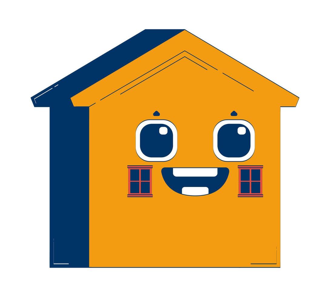 Happy home with smiling face 2D doodle character. Friendly dwelling. House building with cheerful personality cartoon personage drawing isolated on white. Hand drawn illustration colorful vector