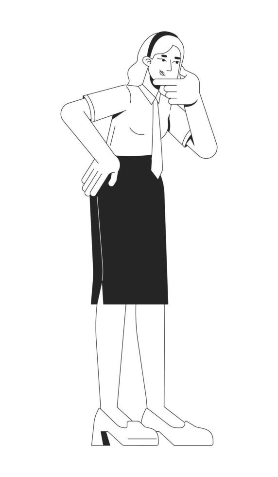 Young businesswoman in thinking pose 2D line character. Thoughtful female office worker in business attire rubbing chin, hand on hip isolated ink outline person. Monochromatic spot illustration vector