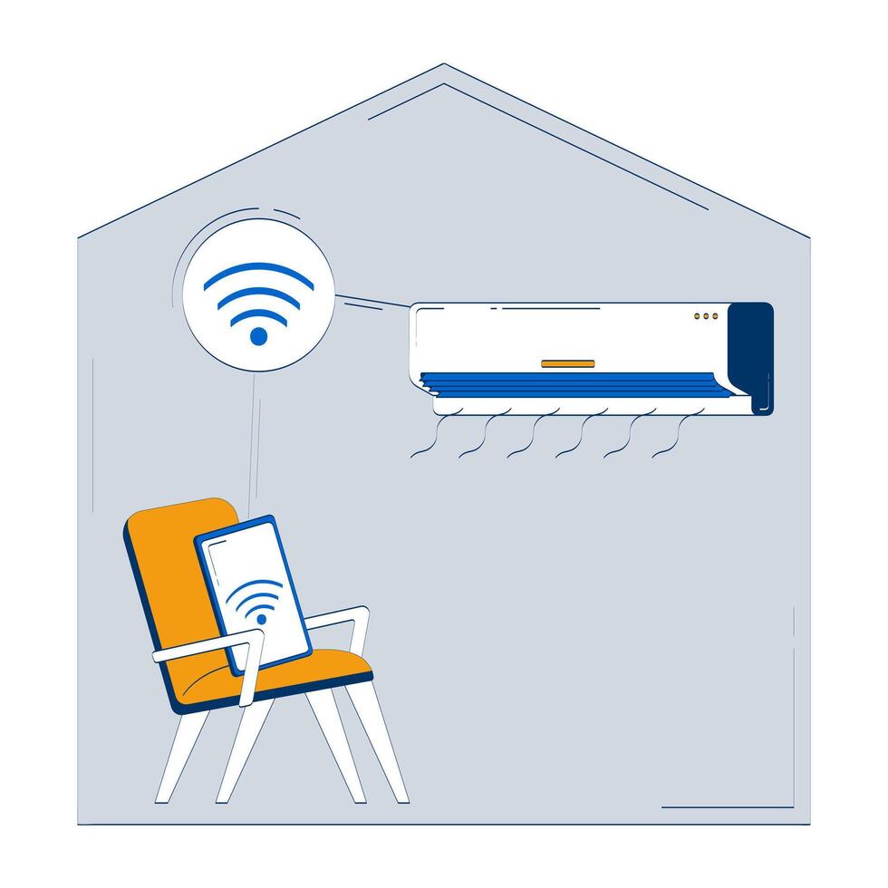 Smart air conditioner controlled remotely via phone doodle illustration concept. Remote tablet control of AC wifi cooling IoT cartoon composition isolated on white. Hand drawn metaphor vector