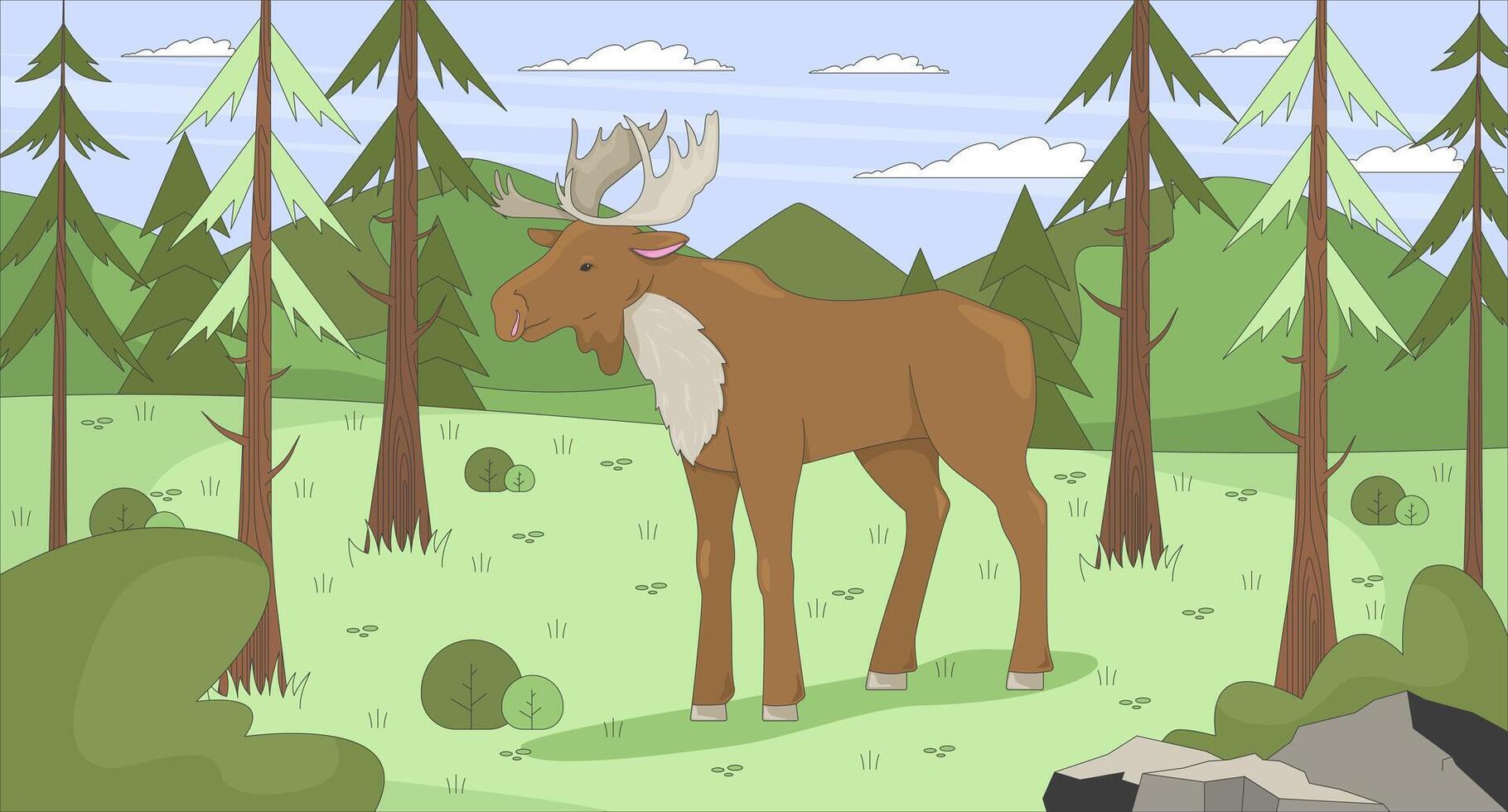 Moose standing in mountain forest clearing flat illustration. Woodland animal surrounded by pine trees, rolling hills. Elk wildlife 2D character cartoon background. Colorful scene art image vector