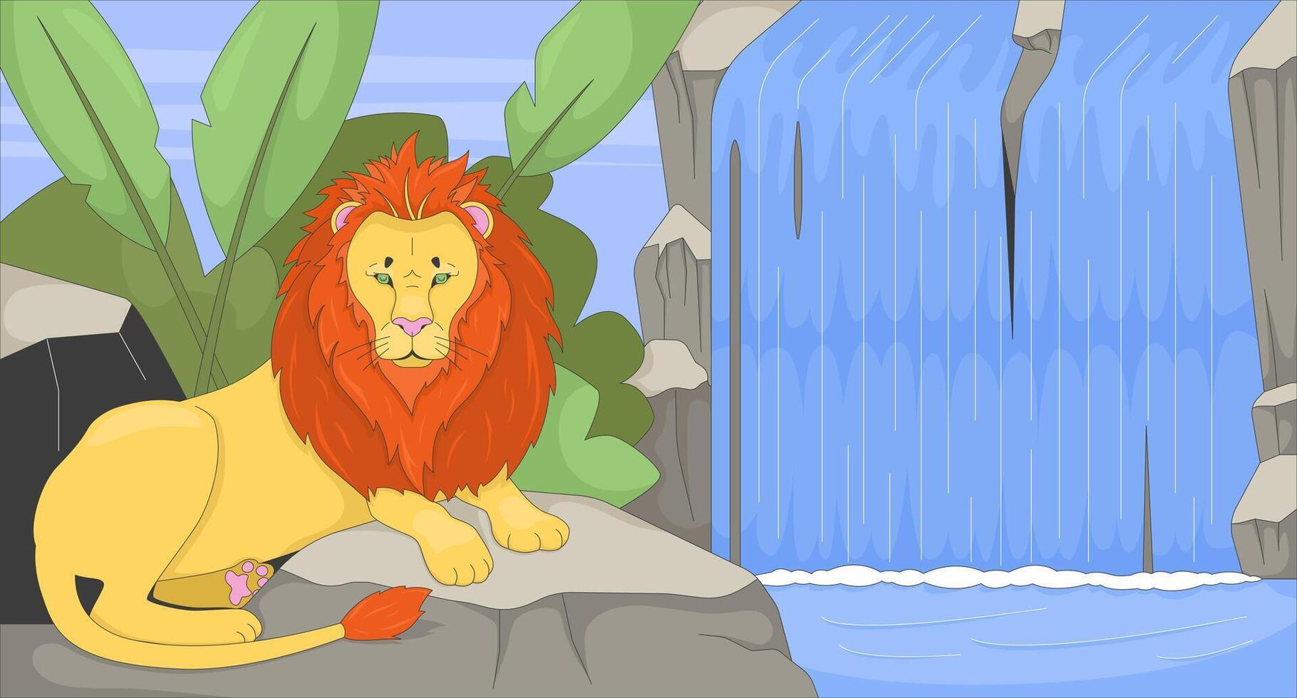 Majestic lion resting by flowing waterfall flat illustration. Big cat mane on rock in rainforest. Predator wild animal jungle 2D character cartoon background. Colorful scene art image vector
